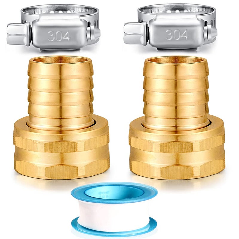 YELUN Solid Brass Garden Hose Repair kit Connector with Stainless Steel Clamps  Male Adapter/Female Garden Hose Swivel Fitting (3/4"" Barb x 3/4"" Female -2 Sets) - Image 1